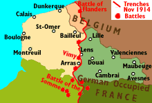 First World War: front line Nov 1914, area of France occupied by Germans